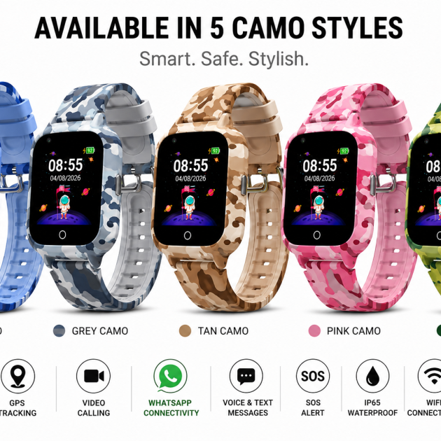 Five smartwatches in blue, grey, tan, pink, and green camo are displayed, each showing app icons and key features like GPS tracking, calling, video calling, and waterproof design.