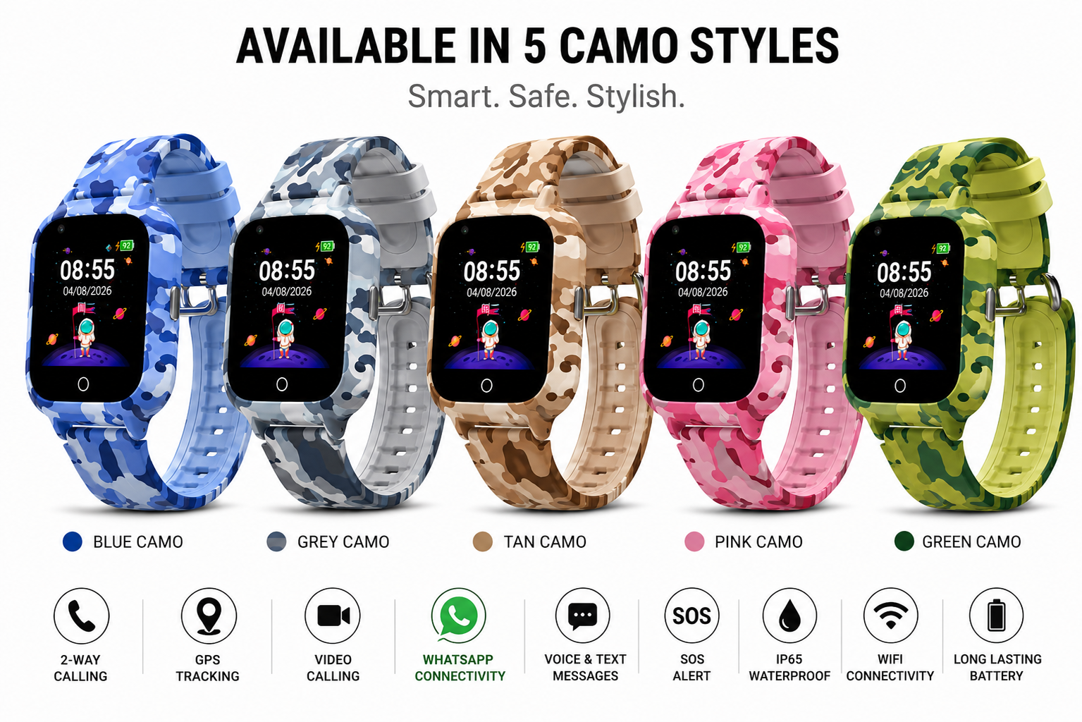 Five smartwatches in blue, grey, tan, pink, and green camo are displayed, each showing app icons and key features like GPS tracking, calling, video calling, and waterproof design.
